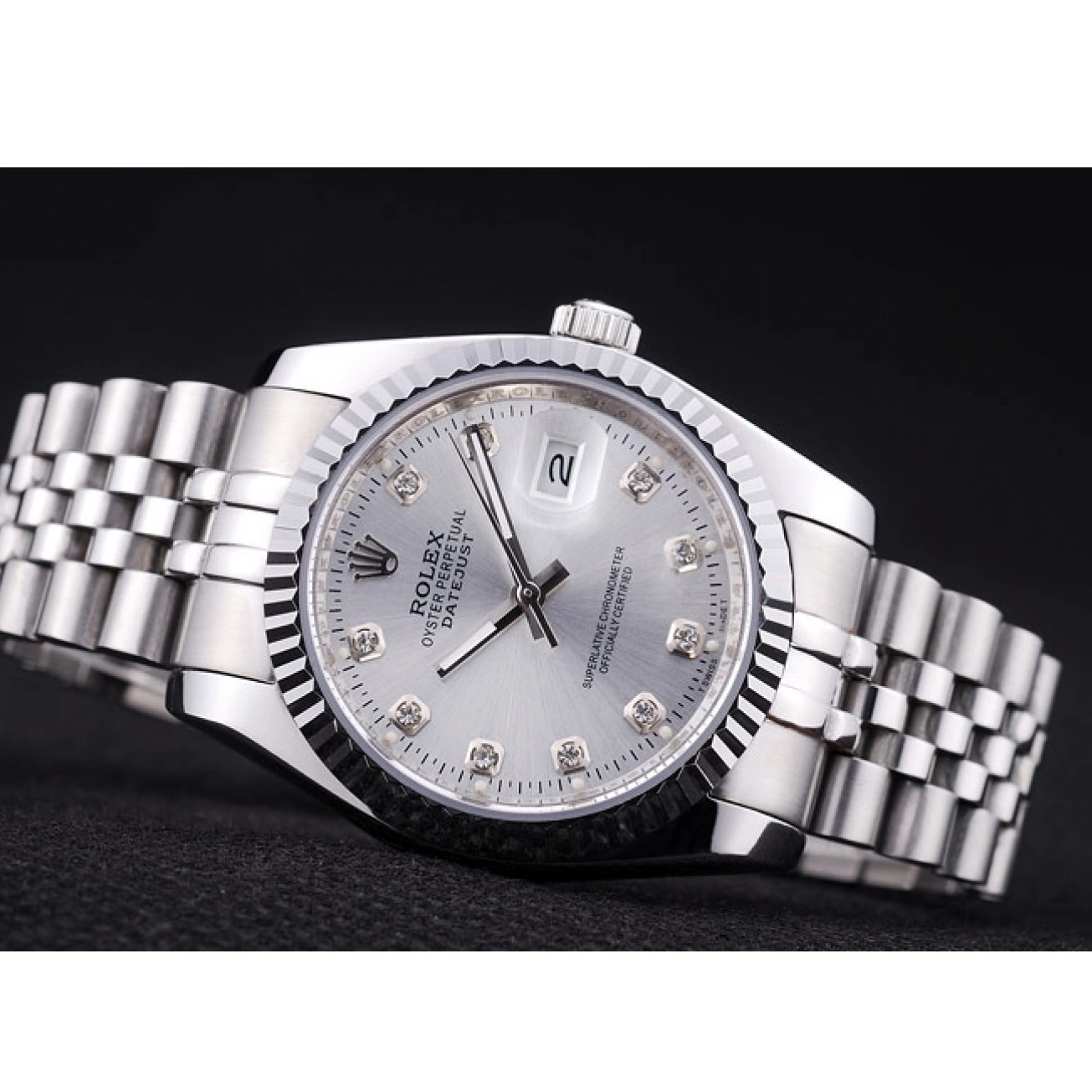 Aaa replica Ribbed 7455 Silver Datejust Diamonds Bezel Rolex Dial 0819